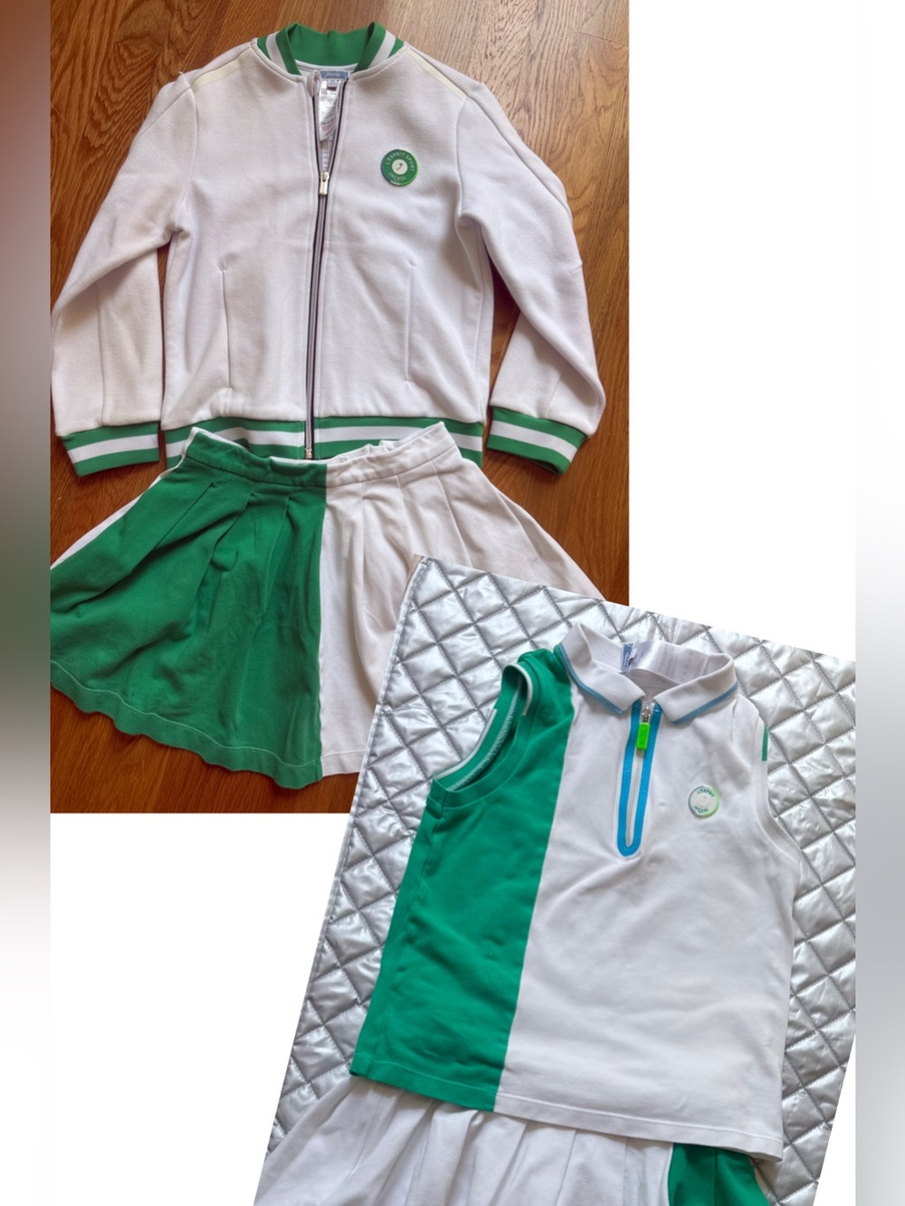 Jacadi 3 Piece Set White and Green Zip-Front Kids Jacket+Skirt+Shirt Tennis